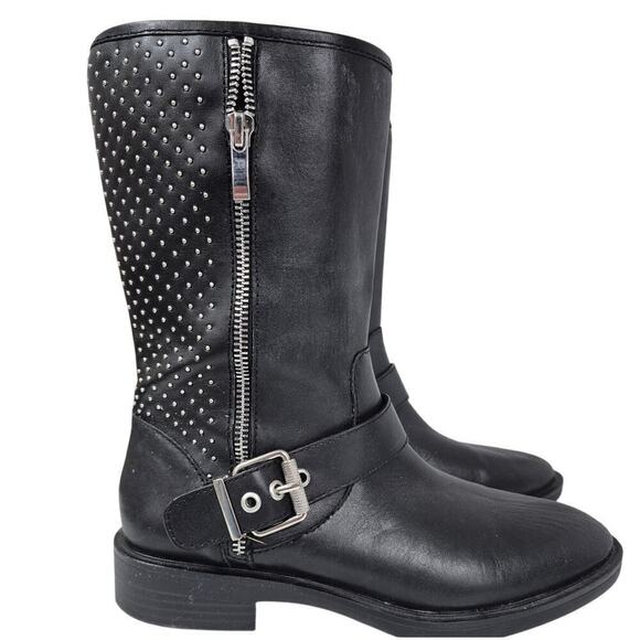 Steven Steve Madden Zain Black Leather Boots Silver Stud/Buckle/Zipper 7.5 - Picture 1 of 6